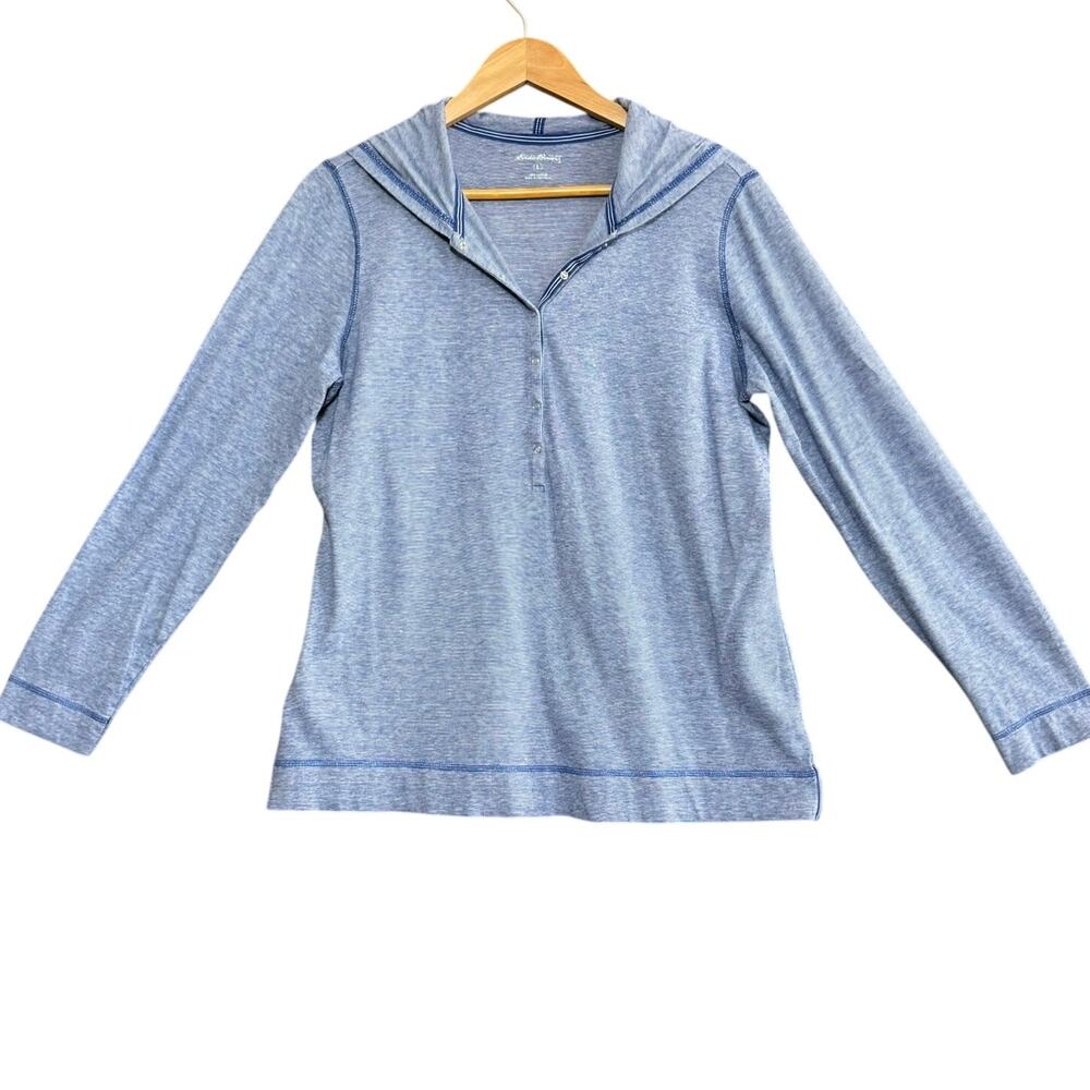 EDDIE BAUER Womens Large Striped Henley Hoodie Snap Front Ribbon‎ Trim Casual